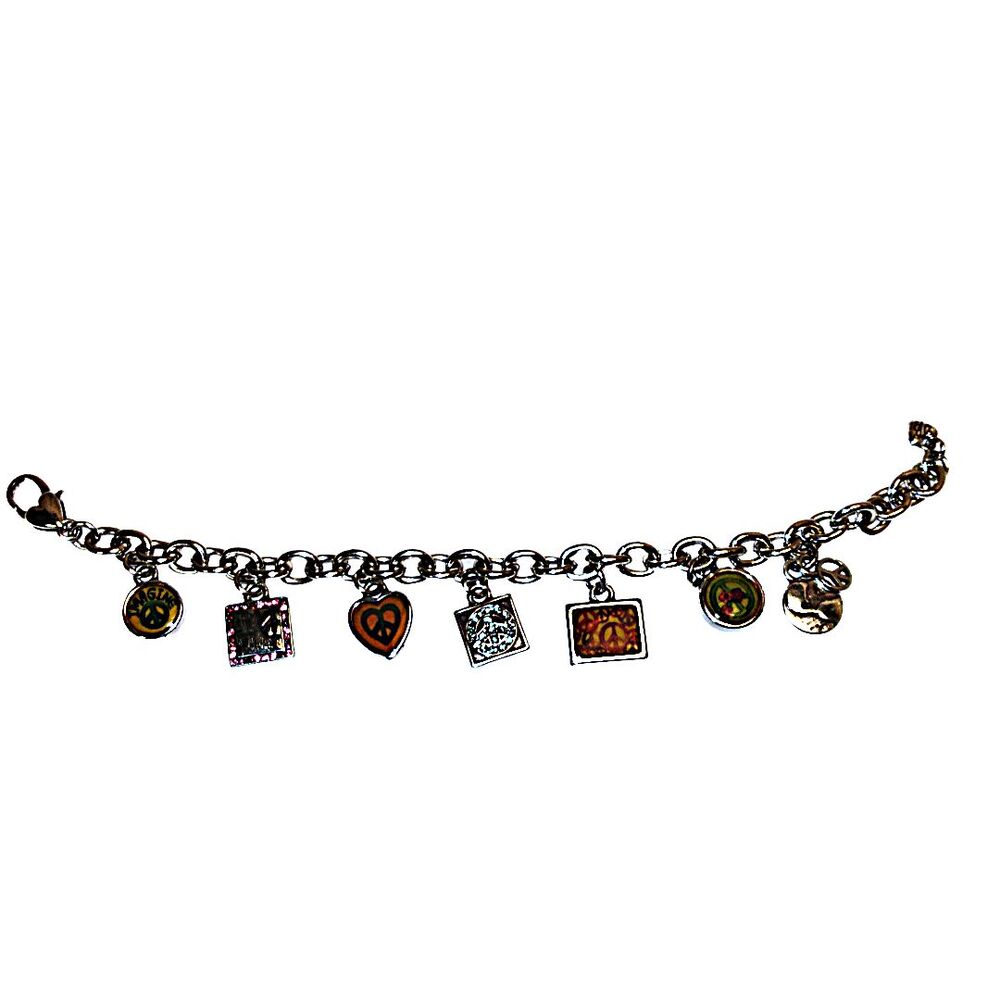 Brighton Silver Tone Hippie Peace Love Dangle Charm Bracelet-Heart-Dove-Globe